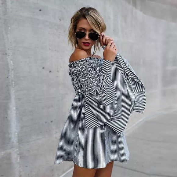Dresses & Skirts - 🆕Nina Black White Off the Shoulder Striped Dress